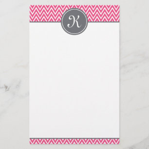 Hot Pink Chevron Pattern Grey Monogram Stationery