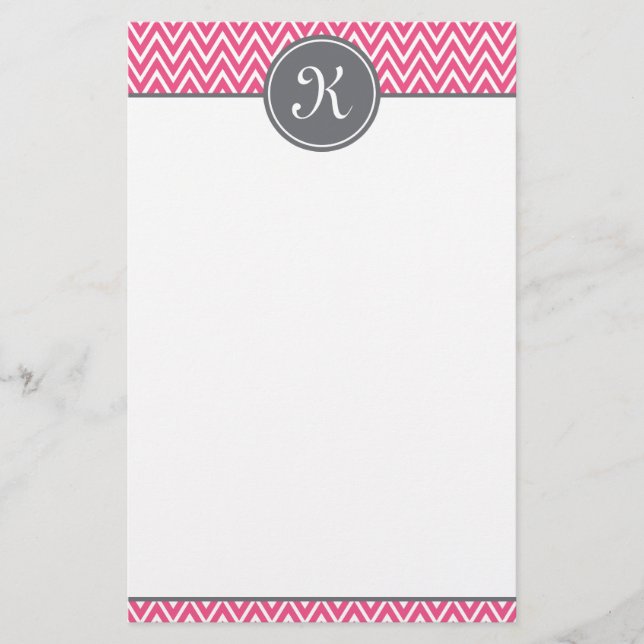 Hot Pink Chevron Pattern Grey Monogram Stationery (Front)