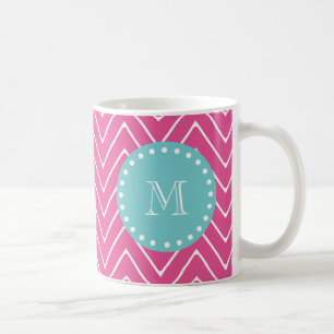 Hot Pink Chevron Pattern Teal Monogram Coffee Mug