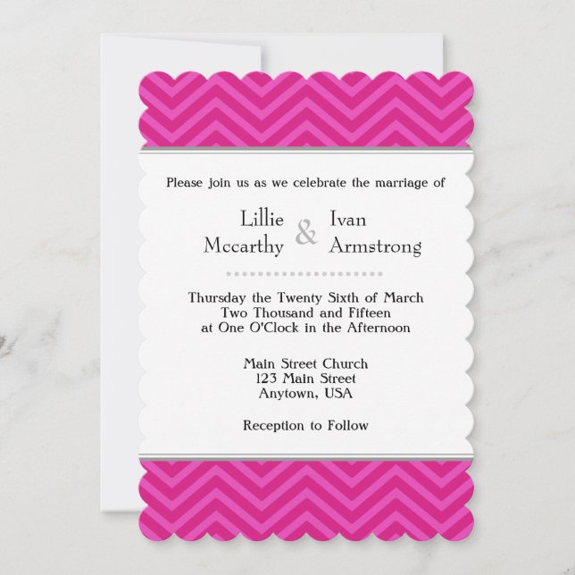 Hot Pink Chevron Wedding Invitations (Front)
