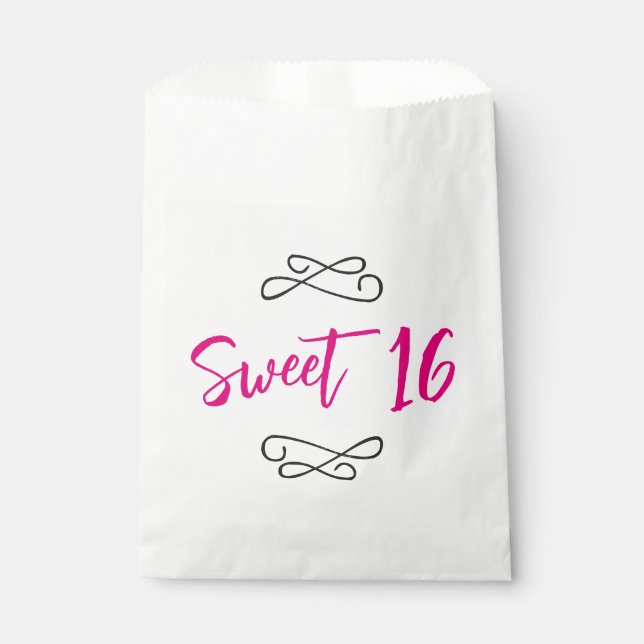 Hot Pink Chic Doodle Modern Script Sweet 16 Favour Bags (Front)