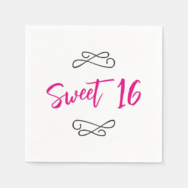 Hot Pink Chic Doodle Modern Script Sweet 16 Napkin (Front)