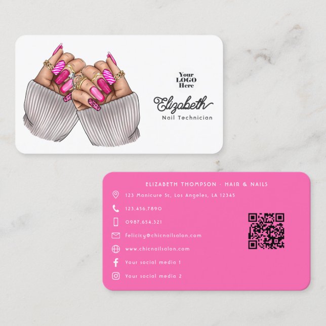 Hot-Pink Chic Nail Salon Design Business Card (Front/Back)