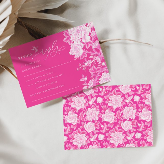 Hot Pink Chinoiserie Flower Garden Wedding RSVP Card (Creator Uploaded)