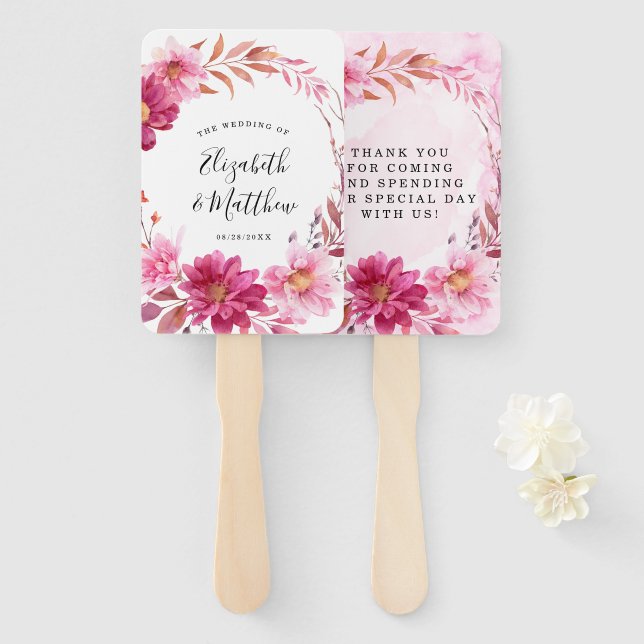 Hot Pink Chrysanthemum Wedding Hand Fan (Front and Back)