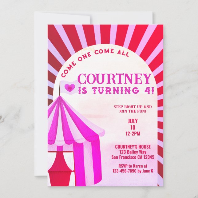 Hot Pink Circus Carnival Festive Girls Birthday Invitation (Front)