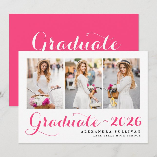 Hot Pink Class of 2025 Photo Collage Graduation Invitation (Front/Back)