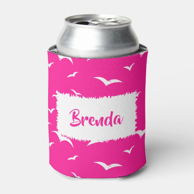 Hot Pink Coastal Seagull Pattern Beach Party Can Cooler (Can Front)