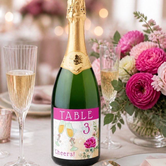 Hot Pink Colour Splash Wedding Table Number Sparkling Wine Label (Creator Uploaded)