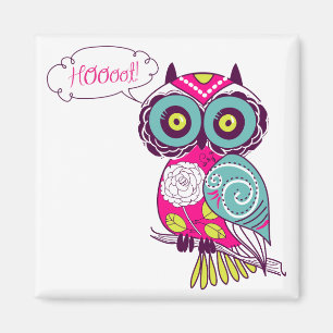 Hot Pink Colourful Ornate Retro Floral Owl Magnet