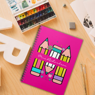 Hot Pink Colourful teacher name pencil cartoon Notebook