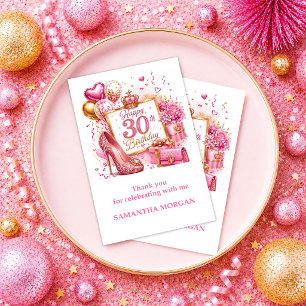 Hot Pink Confetti 30th Birthday Gold Sparkle Thank You Card