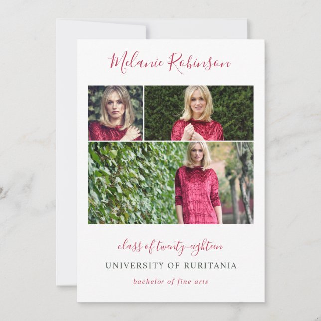 Hot Pink Confetti 3 Photos Graduation Announcement (Front)