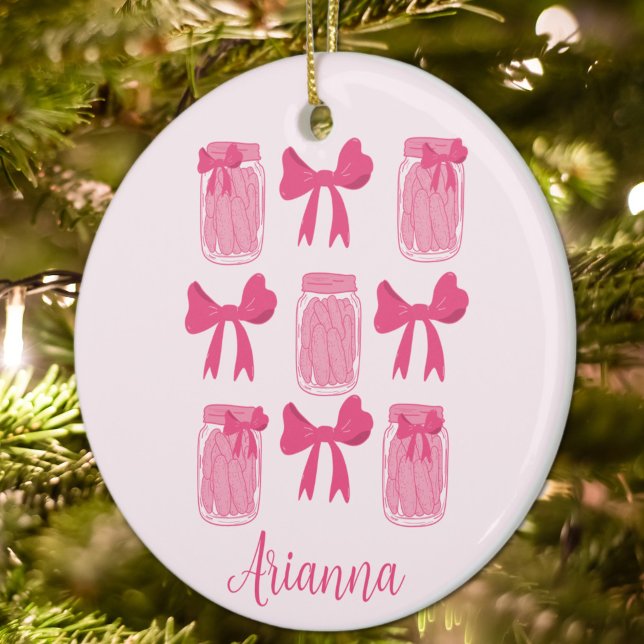 Hot Pink Coquette Pickle Jar and Bow Personalised Ceramic Tree Decoration (Hot Pink Coquette Pickle Jar and Bow Personalized Ornament)