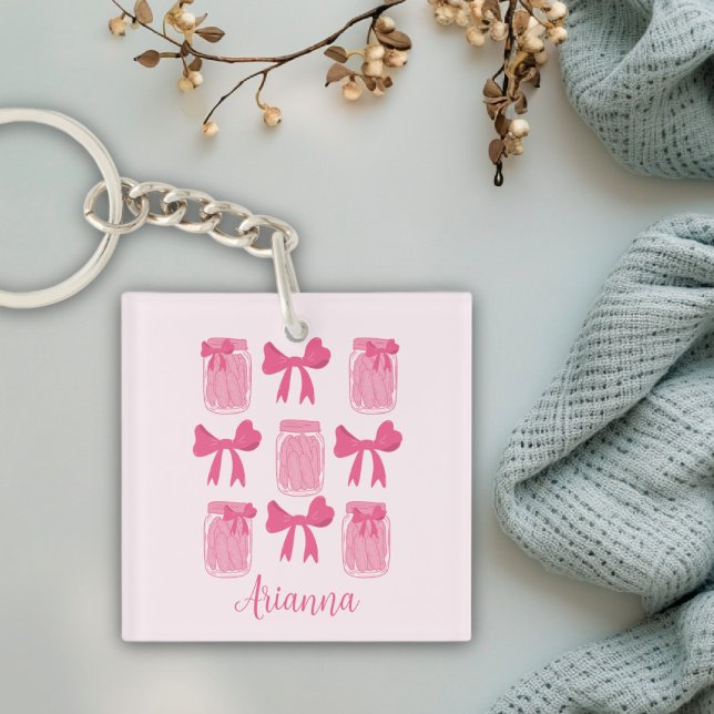 Hot Pink Coquette Pickle Jar and Bow Personalised Key Ring (Hot Pink Coquette Pickle Jar and Bow Personalized Keychain)