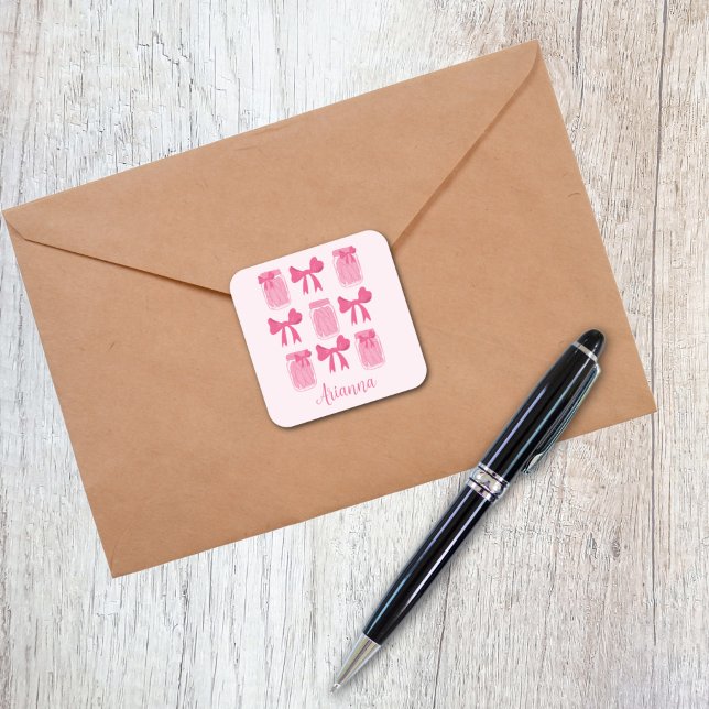 Hot Pink Coquette Pickle Jar and Bow Personalised Square Sticker (Hot Pink Coquette Pickle Jar and Bow Personalized Sticker)