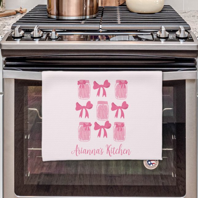 Hot Pink Coquette Pickle Jar and Bow Personalised Tea Towel (Hot Pink Coquette Pickle Jar and Bow Personalized Kitchen Towel)