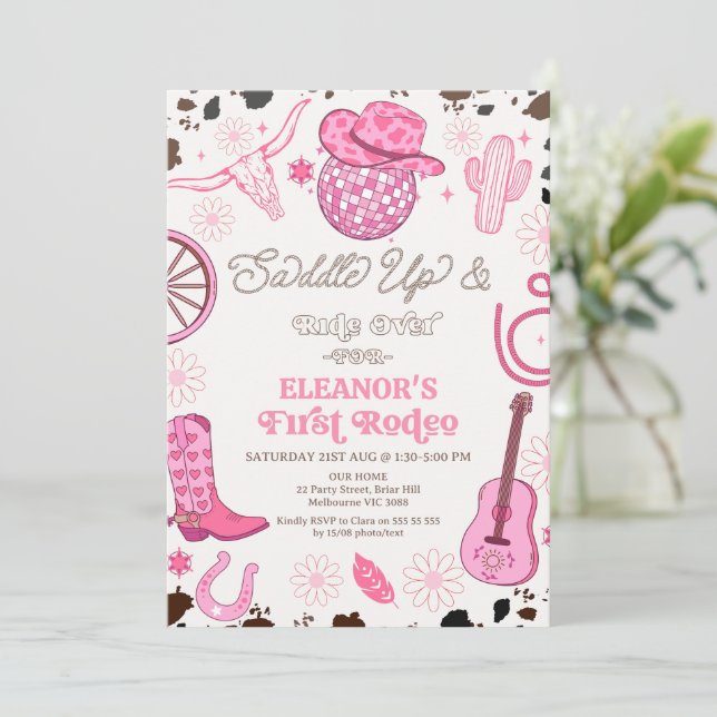 Hot Pink Cowgirl Disco Ball First Rodeo Birthday Invitation (Standing Front)