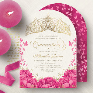 Hot Pink Crown Butterflies Elegant Quinceanera Invitation