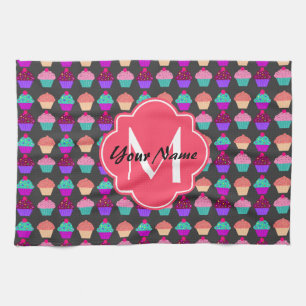 Hot Pink Cupcakes Personalised Name,Monogram Tea Towel