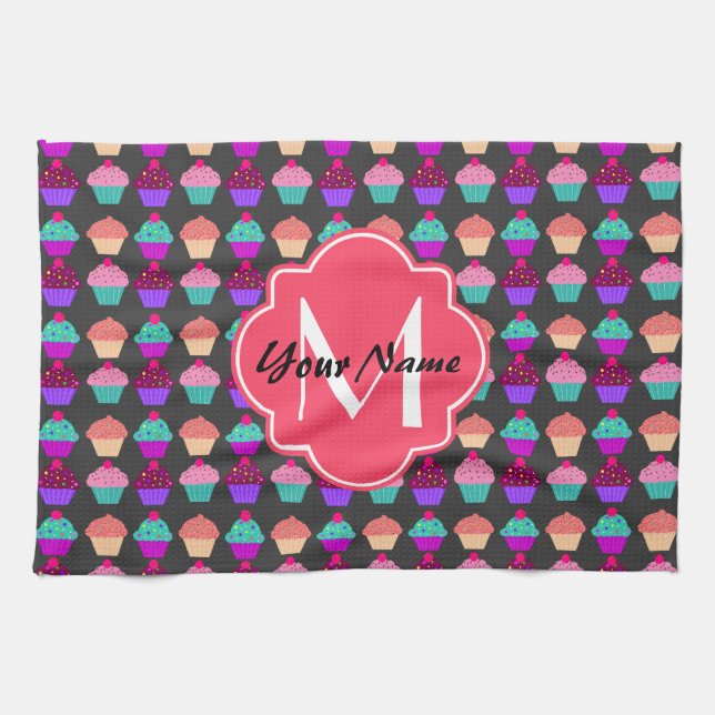 Hot Pink Cupcakes Personalised Name,Monogram Tea Towel (Horizontal)