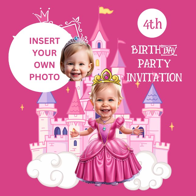 Hot Pink Custom 4th Birthday Princess Caricature Invitation (Creator Uploaded)