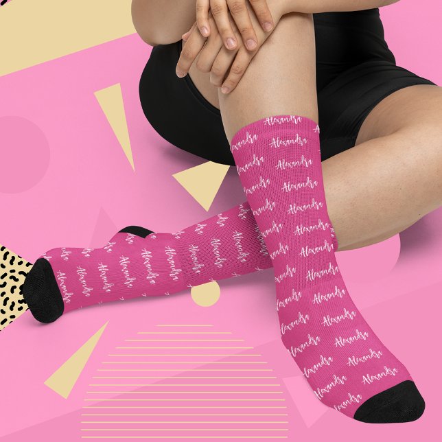 Hot Pink Custom Name Pattern Socks (Create your own pair of custom name socks! It's easy, just click "Personalize this Template".)