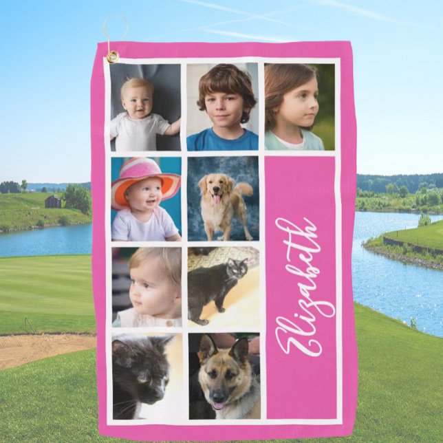 Hot Pink Custom Template Family Photos  Golf Towel (Creator Uploaded)