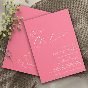 Hot Pink   Cute Heart It's a Girl Baby Shower Invitation