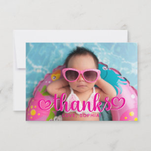 Hot Pink Cute Hearts Thanks Photo Thank You Card