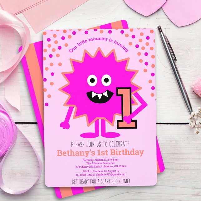 Hot Pink Cute Little Monster 1st Birthday Custom Invitation (Creator Uploaded)