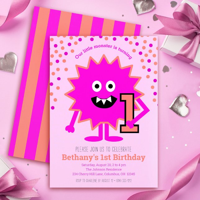 Hot Pink Cute Little Monster 1st Birthday Girl Invitation (Creator Uploaded)