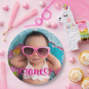 Hot Pink Cute One Hearts Photo 1st Birthday Paper Plate