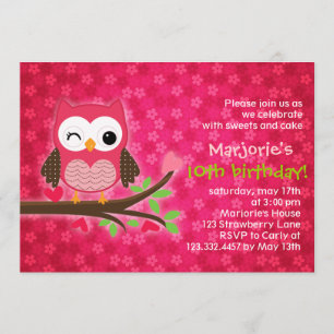 Hot Pink Cute Owl Girly Birthday Party Invitation