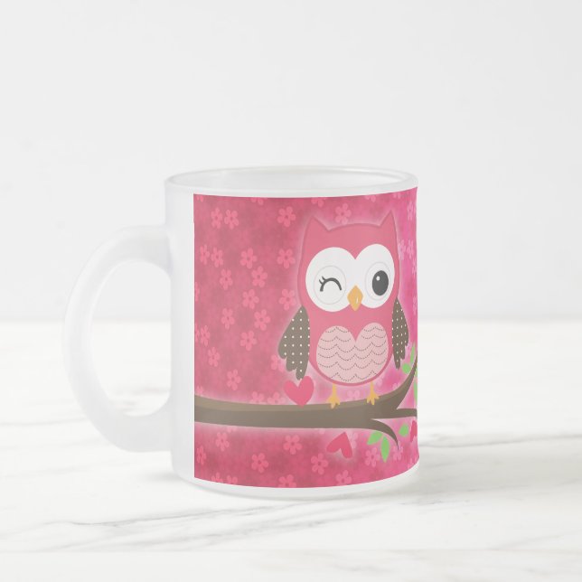 Hot Pink Cute Owl Girly Personalised Frosted Glass Coffee Mug (Left)