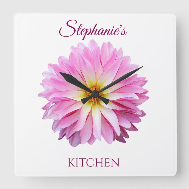Hot Pink Dahlia Square Wall Clock Floral (Front)