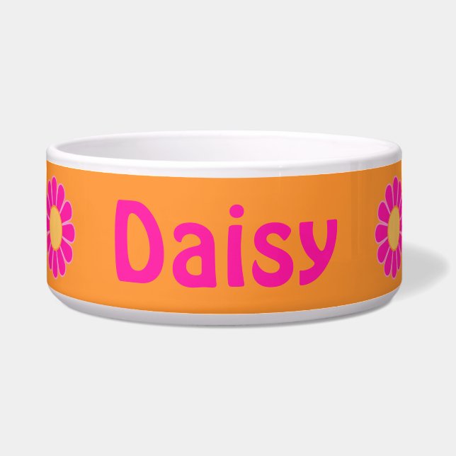 Hot Pink Daisies on Orange Personalised Pet Bowl (Front)