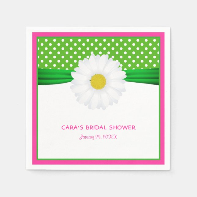 Hot Pink Daisy & Green Polka Dots Bridal Shower Napkin (Front)