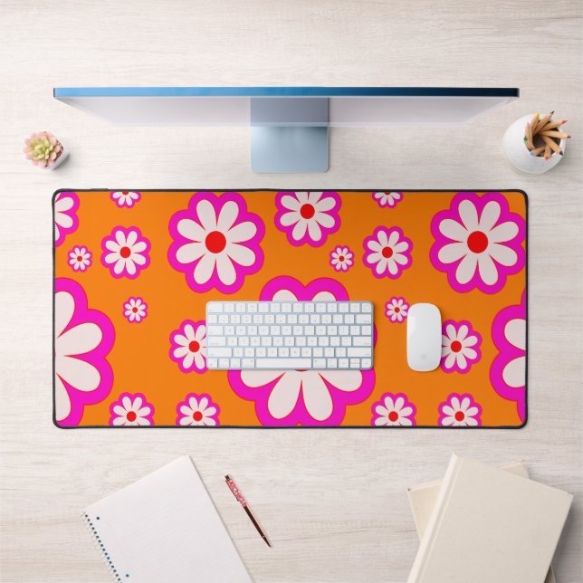Hot Pink Daisy on Burnt Orange Retro BOHO Floral Desk Mat (Office 1)