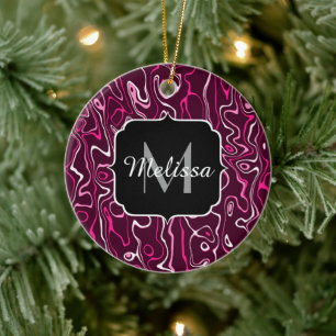 Hot pink damascus abstract swirls Custom Monogram Ceramic Tree Decoration