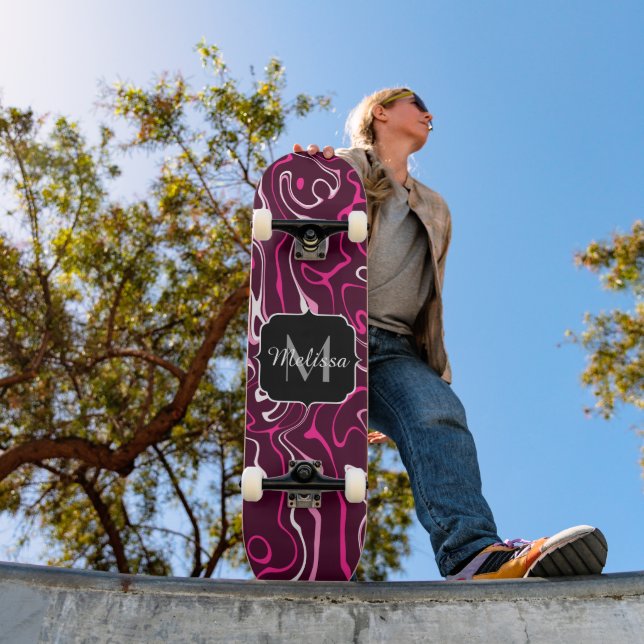 Hot pink damascus abstract swirls Custom Monogram Skateboard (Outdoor 1)