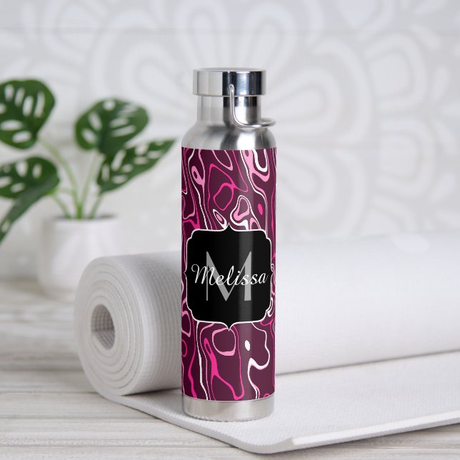 Hot pink damascus abstract swirls Custom Monogram Water Bottle (Yoga (Rotated))