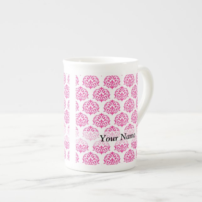 Hot pink damask bone china mug (Front Right)