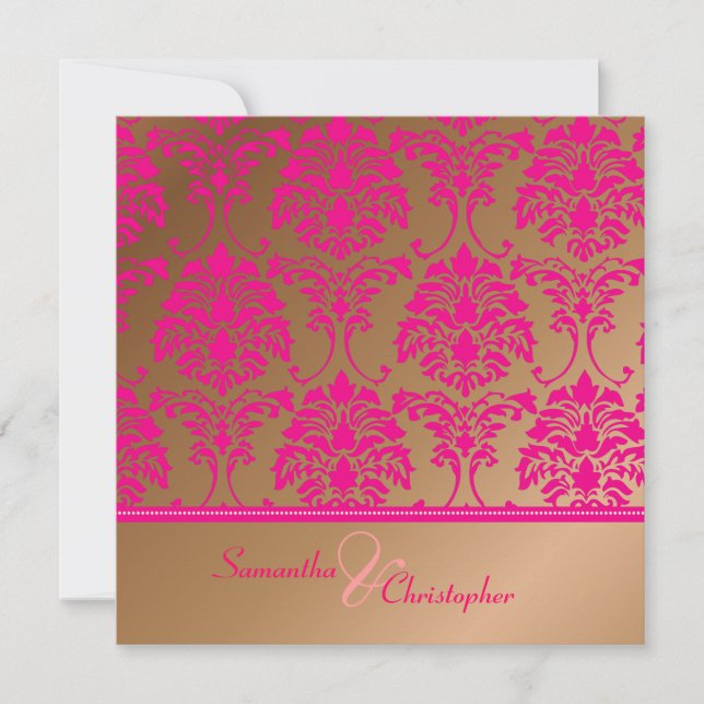 Hot pink damask/faux copper wedding invitation (Front)