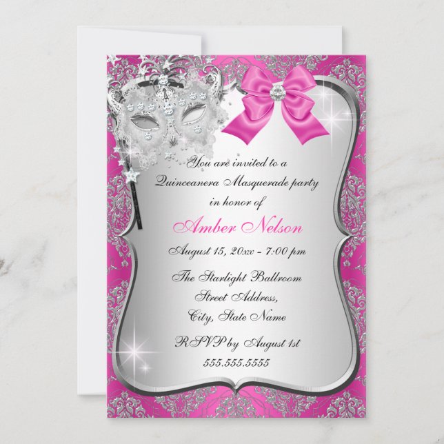 Hot Pink Damask Mask Quinceanera Masquerade Invite (Front)