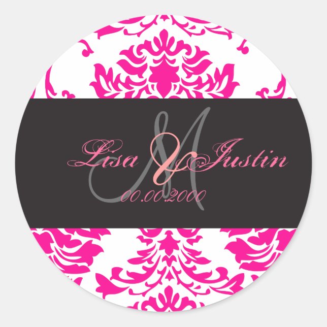 Hot Pink Damask,  monogram stickers (Front)