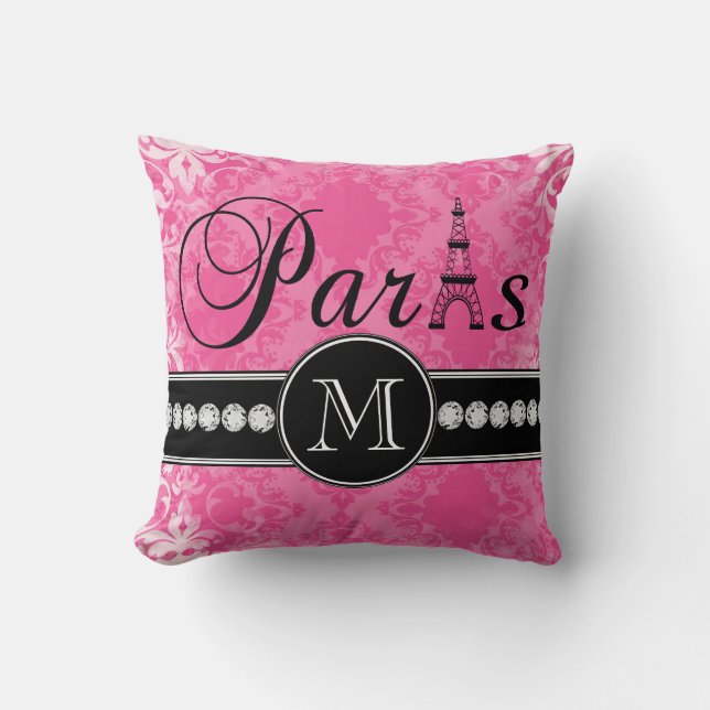 Hot Pink Damask Paris Monogrammmed Cushion (Front)