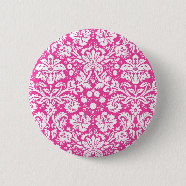 Hot pink damask pattern 6 cm round badge (Front)