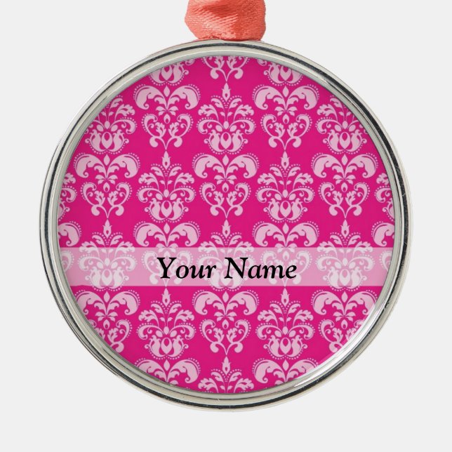 Hot pink damask pattern metal tree decoration (Front)