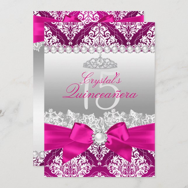 Hot Pink Damask & Pearl Bow Quinceanera Invite (Front/Back)